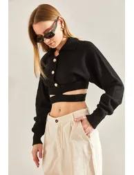 Women's Polo Neck Buttoned Knitwear Cardigan - 4