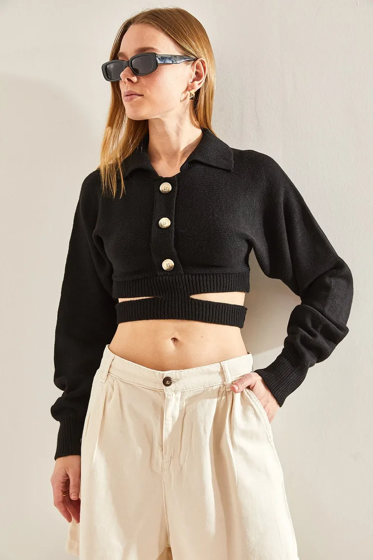 Women's Polo Neck Buttoned Knitwear Cardigan - 1