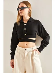 Women's Polo Neck Buttoned Knitwear Cardigan - 1