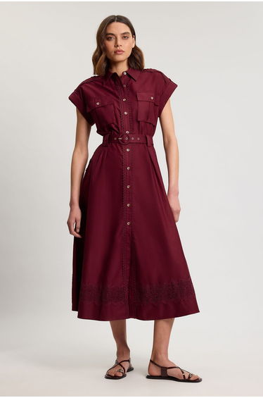 Cotton Sateen With Lace Trim Pocket Detail Shirt Dress