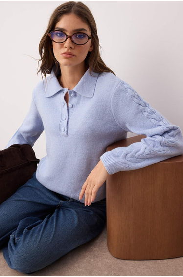 Blue Soft Textured Hair Knit Detailed Knitwear Sweater