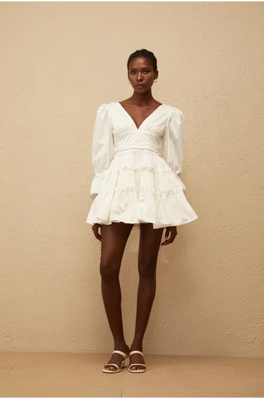 Jutta White Bowknot Shirred Mini Dress