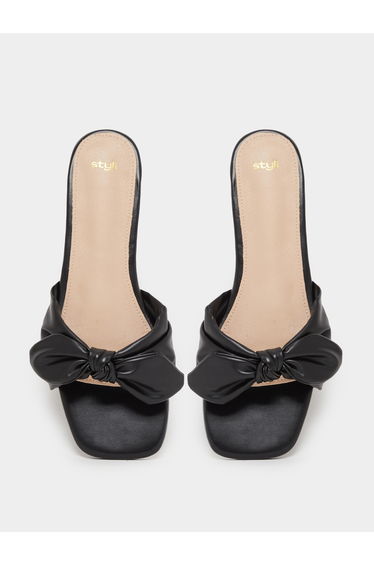 Women Black Bow Trim Flat Mules