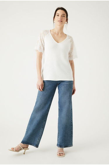 Lace Sleeve V Neck Top - white