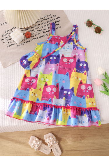 Girls Cat Printed Sleeveless Dress with Bag