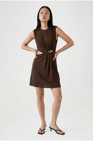 Shoulder Pad Gold Trim Mini Dress - chocolate