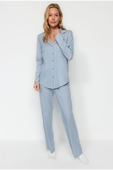 Blue 100% Cotton Gingham Shirt-Pants Knitted Pajamas Set