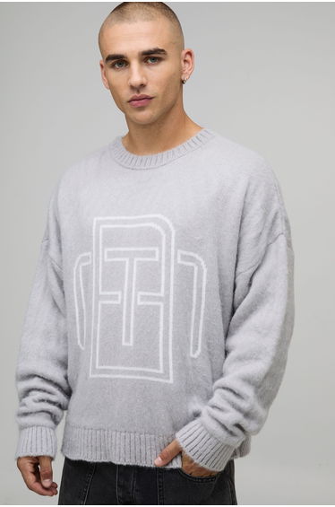 Regular Fit Fluffy Knit BM Jumper - light grey