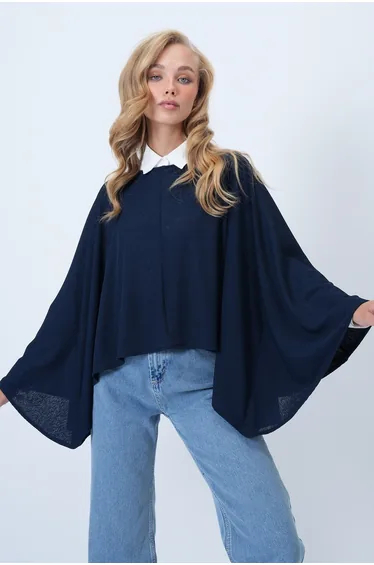 Women's Navy Blue Boat Neck Cape Cut Blouse