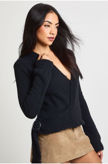 Soft Knit Wrap Detail Metal Trim Cardigan - black