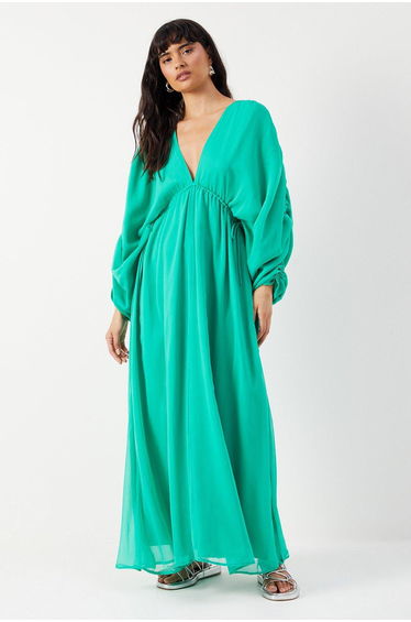 Chiffon Pleat Plunge Neck Batwing Maxi Dress
