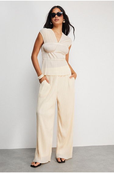 Plisse High Waisted Wide Leg Trousers