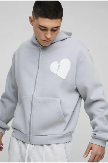 Oversized Boxy Hearts Puff Print Zip Through Hoodie - grey