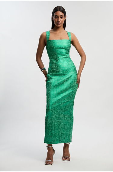 Foil Metallic Figure Form Strappy Knit Maxi Dress
