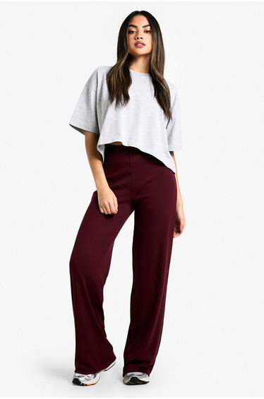 Double Layer Modal Rib Wide Leg Trouser - plum