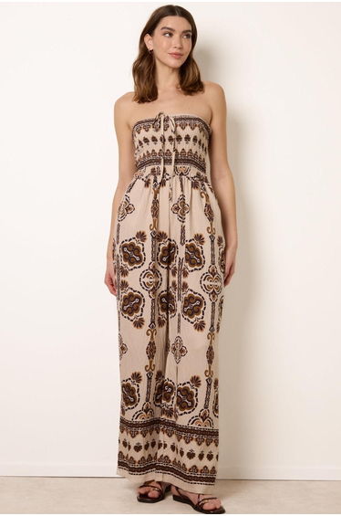 Tribal Print Bardot Tie Neck Jumpsuit