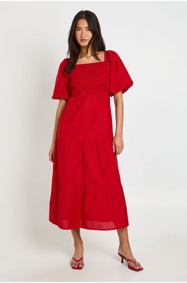 Linen Look Volume Sleeve Tiered Midaxi Dress - red
