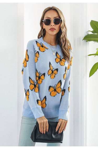 Balletic Butterfly Ribbed Knit Sweater in Blue