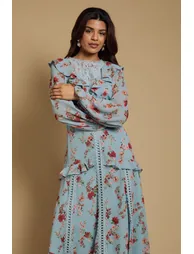 Petite Chiffon Printed Lace Trim Detail Ruffle Midi Dress - 1