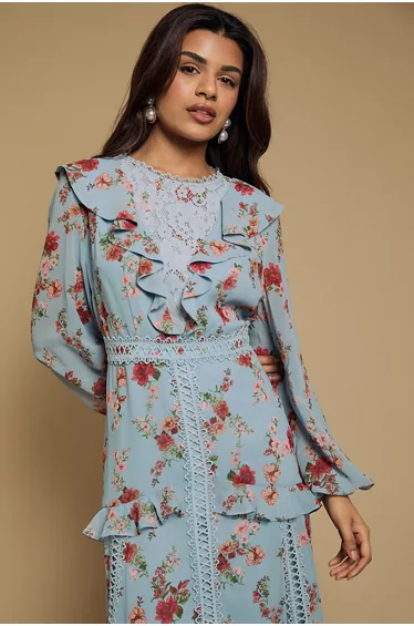 Petite Chiffon Printed Lace Trim Detail Ruffle Midi Dress