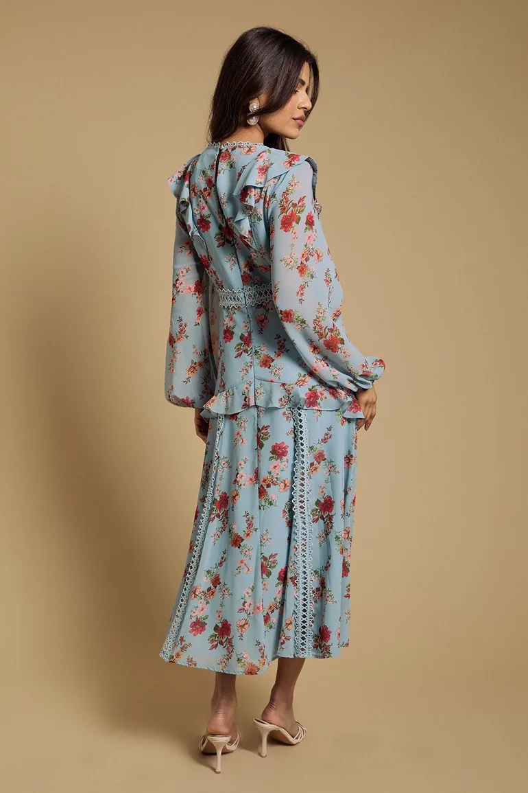 Petite Chiffon Printed Lace Trim Detail Ruffle Midi Dress - 2