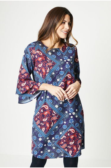Scarf Print Flute Sleeve Shift Dress