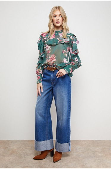 Printed Frill Yoke High Neck Blouse