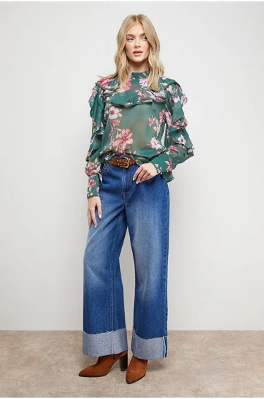 Printed Frill Yoke High Neck Blouse