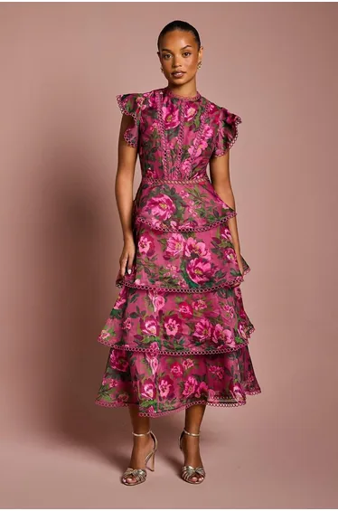 Petite Lace Trim Tiered Organza Midi Dress