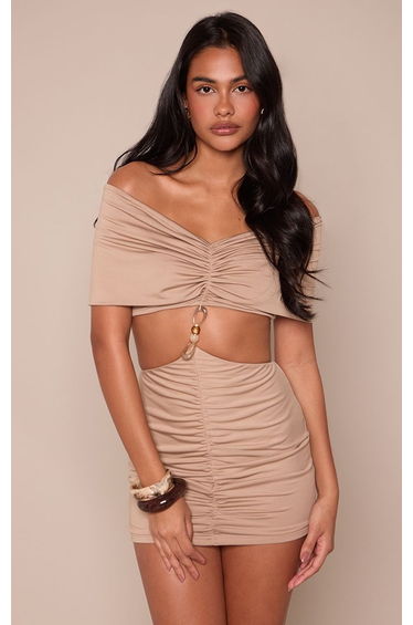 Taupe Soft Touch Bardot Bead Detail Cut Out Mini Dress