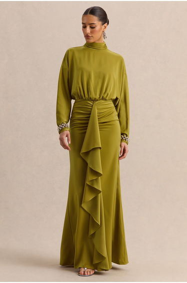 Perla | Olive High-Neck Maxi Dress With Gathered-Detailing