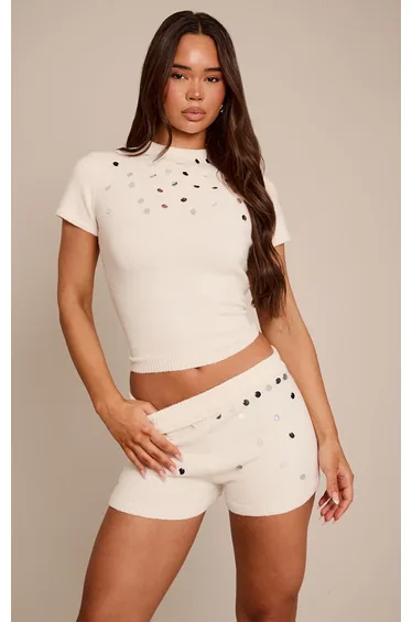 Cream Knitted Sequin Detail Cap Sleeve Top