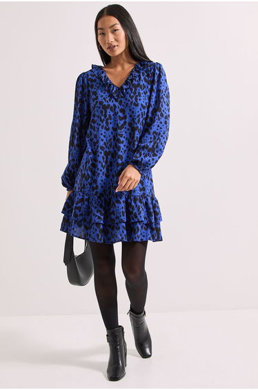Petite Printed Collar Detail Blouson Sleeve Tiered Mini Dress