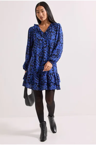 Petite Printed Collar Detail Blouson Sleeve Tiered Mini Dress