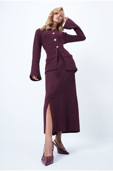 Women's Burgundy Crew Neck Button Detailed Pocket Knitted Blouse and Slit Midi Skirt Set