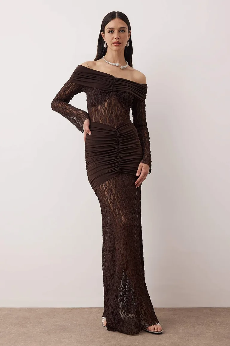 Brown fish scale carmen collar lace knit chic maxi evening prom dress