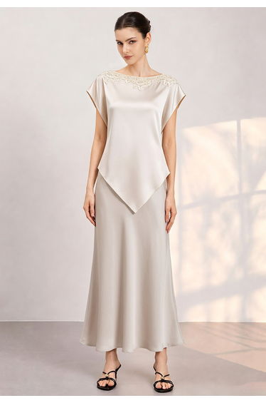 Fluid Draped Satin Flared Maxi Skirt in Ivory for Dinner Dates & Holiday Events