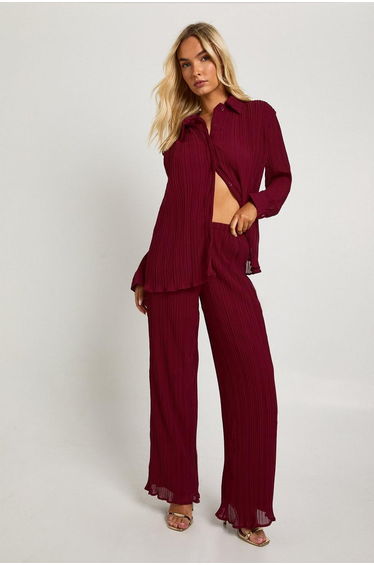 Plisse Wide Leg Trousers - burgundy
