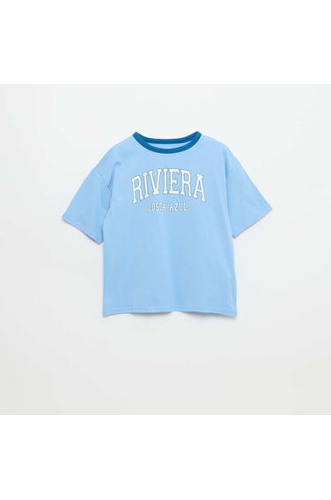 Short-Sleeve Patterned T-Shirt with Contrasting Trim BLUE