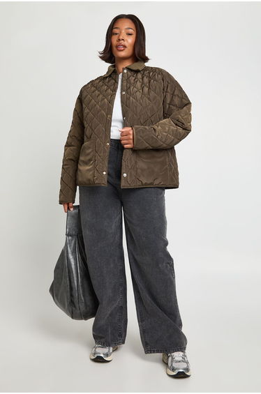 Plus Quilted Contrast Collar Casual Jacket - khaki