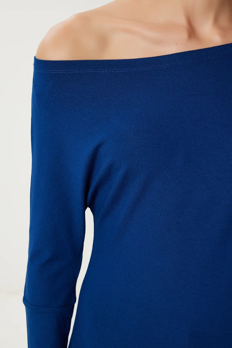 Women's Navy Blue Boat Neck Basic Knitwear Blouse - 3