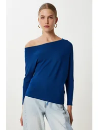 Women's Navy Blue Boat Neck Basic Knitwear Blouse - 1