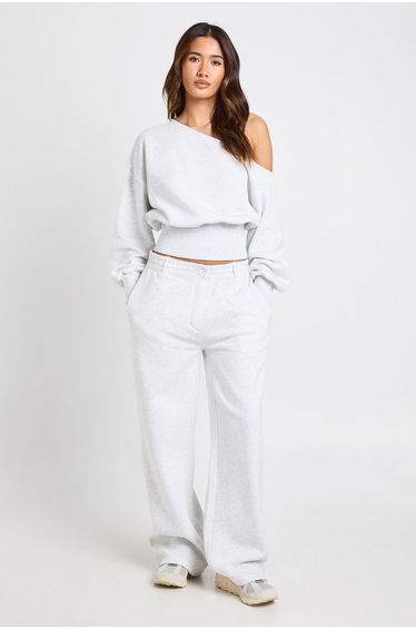 Off Shoulder Cinched Waist Sweatshirt - ash grey
