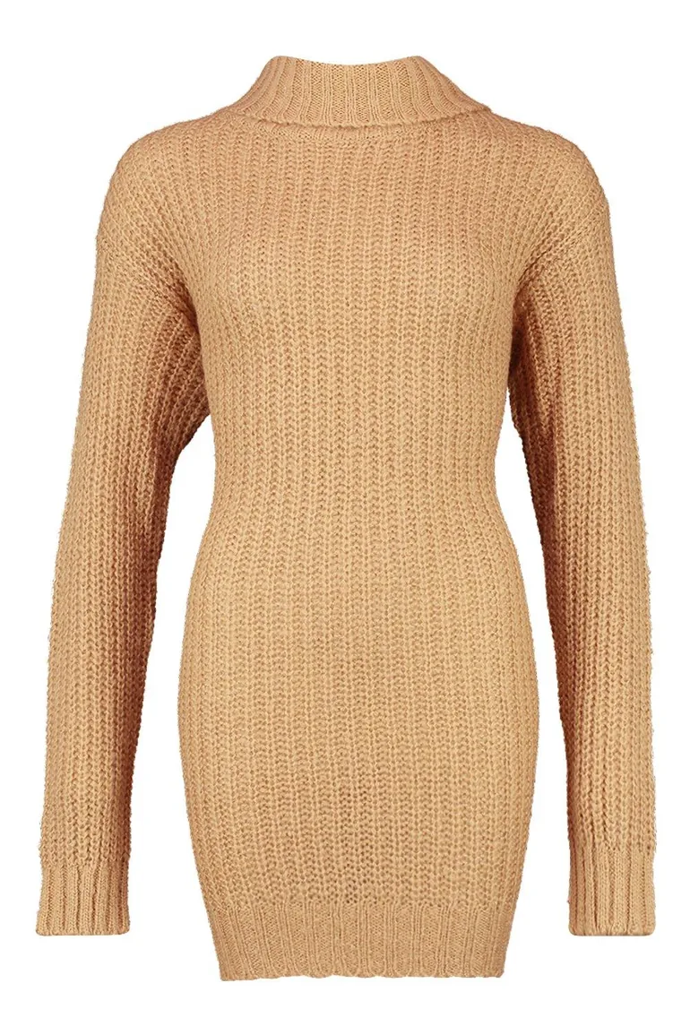 Roll Neck Fisherman Jumper Dress - toffee - 2