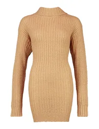 Roll Neck Fisherman Jumper Dress - toffee - 2
