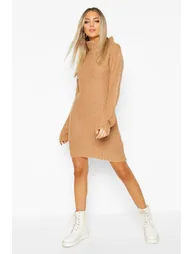 Roll Neck Fisherman Jumper Dress - toffee