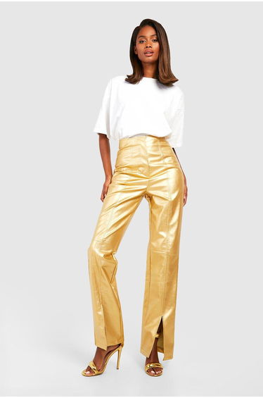 Matte Metallic Leather Look Split Front Trousers - gold