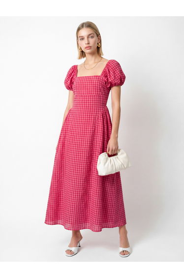 Lovedrobe Hot Pink Gingham Square Neck Short Sleeve Midaxi Dress