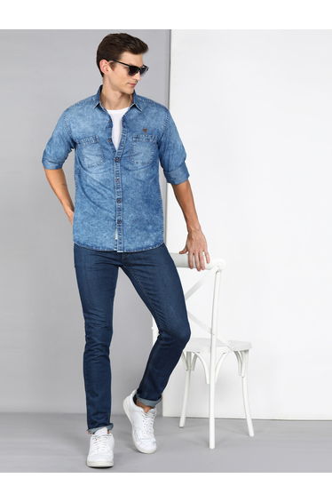 Men Blue Washed Denim Shirt