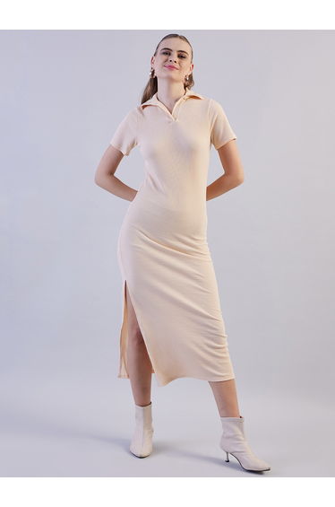 Off White Ribbed Short Sleeve Midi Dress